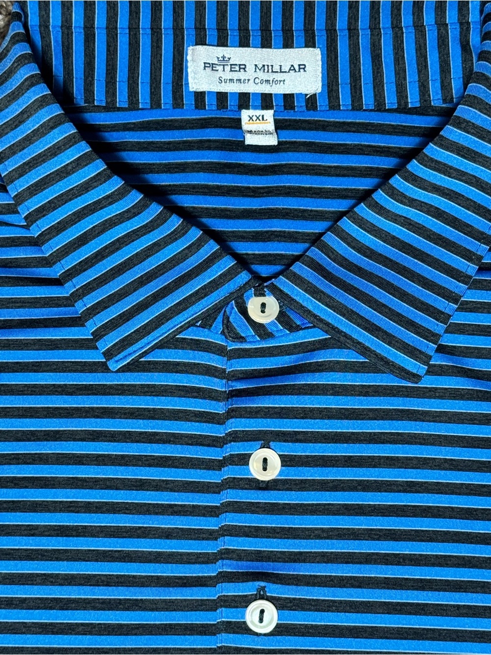 Peter Millar Summer Comfort Men’s Golf Polo Blue with Charcoal Stripes|XXL